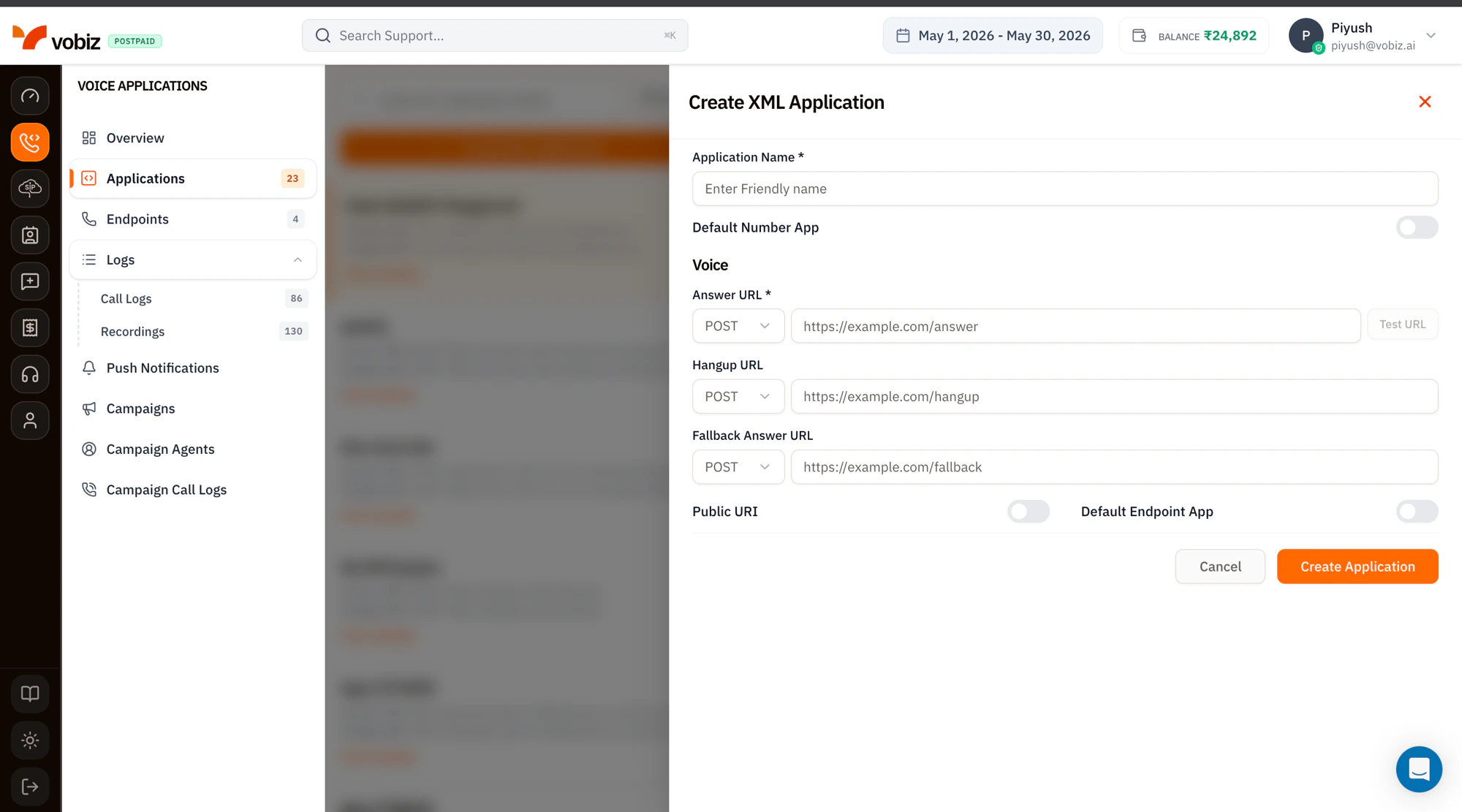 Create XML Application side panel with fields for Application Name, Default Number App toggle, Answer URL with HTTP method dropdown and Test URL button, Hangup URL, Fallback Answer URL, Public URI toggle, and Default Endpoint App toggle