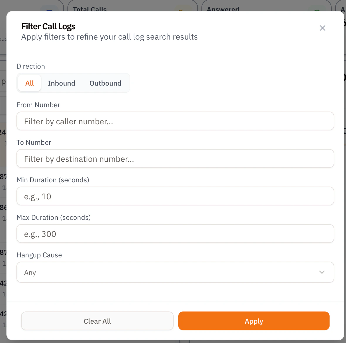 Filter Call Logs modal with fields for Direction (All, Inbound, Outbound segmented control), From Number, To Number, Min Duration in seconds, Max Duration in seconds, and Hangup Cause dropdown set to Any, with Clear All and Apply buttons at the bottom
