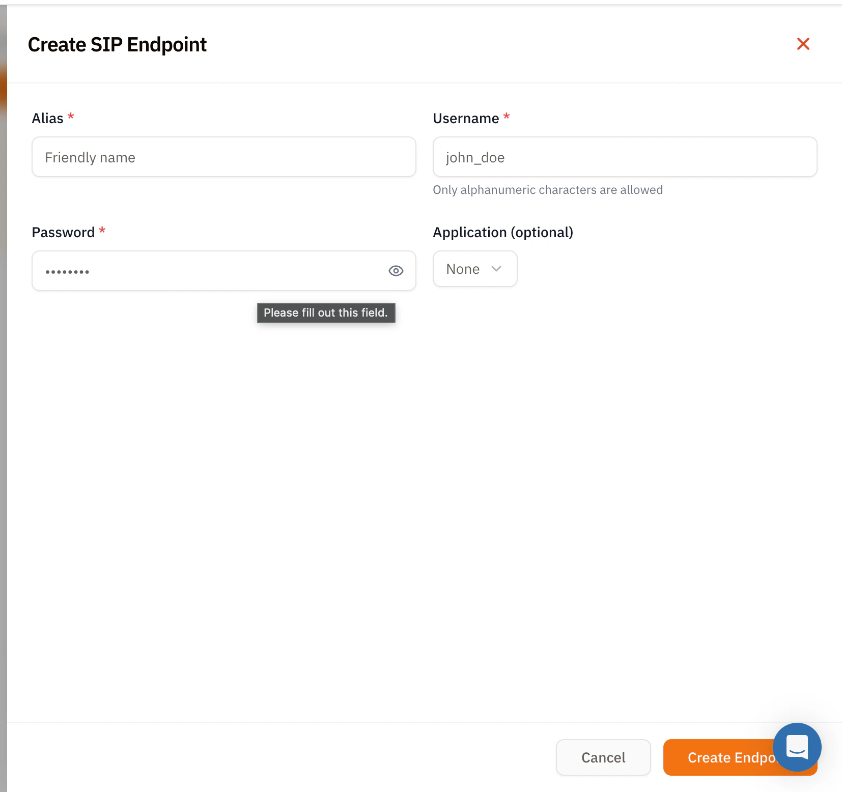Create SIP Endpoint modal showing required Alias and Username fields, Password field with show/hide eye icon, optional Application dropdown set to None, and a tooltip saying Please fill out this field