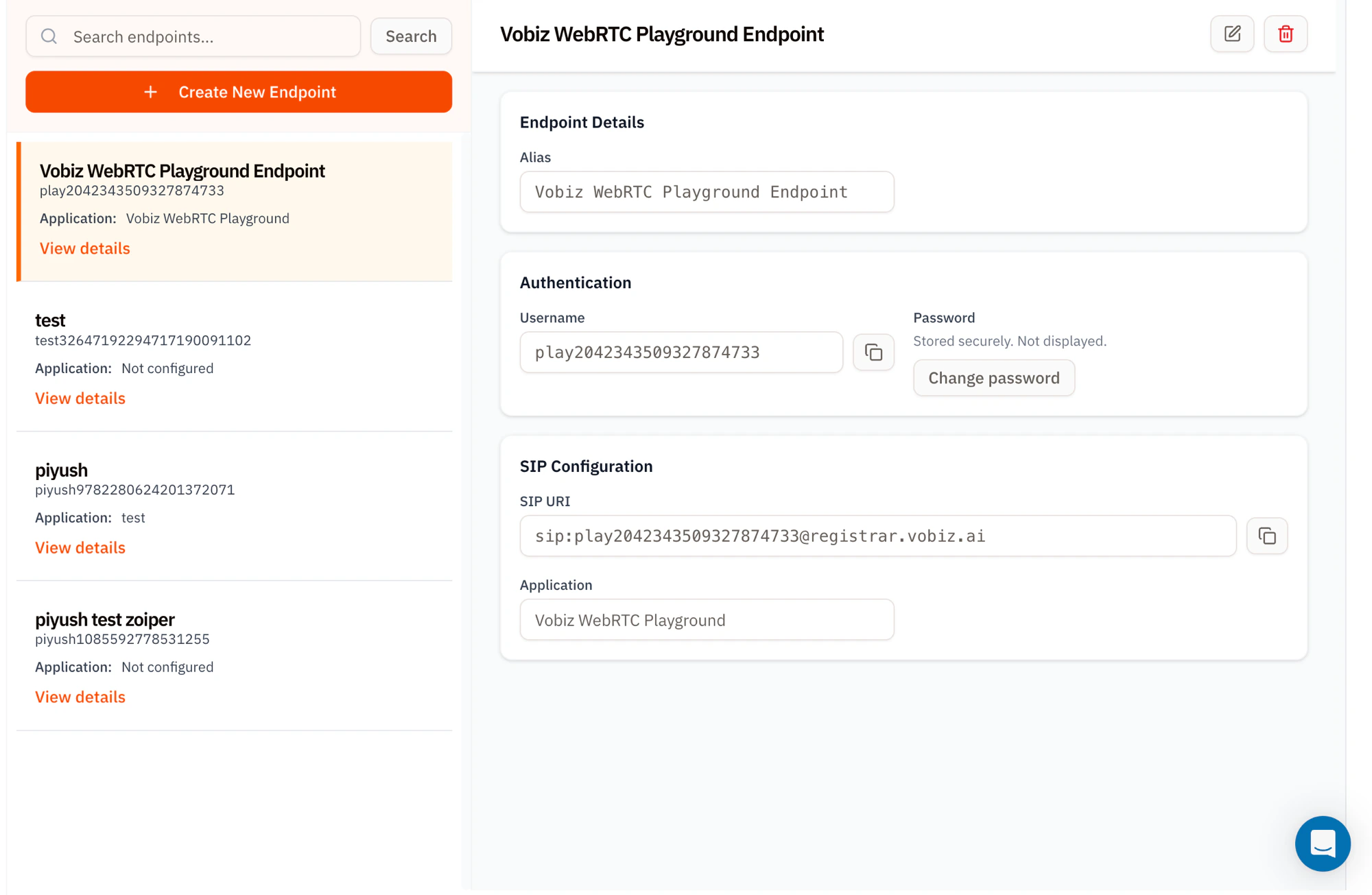 SIP Endpoints page with a left column showing a search bar, Create New Endpoint button, and a list of endpoints (Vobiz WebRTC Playground Endpoint, test, piyush, piyush test zoiper) and a right panel showing endpoint details with Alias, Authentication username and password, and SIP Configuration with sip URI and assigned application