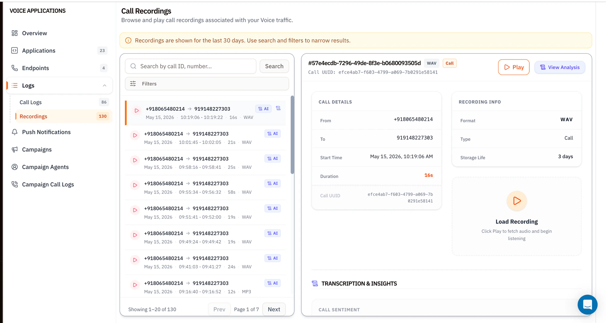Call Recordings page with a notification banner stating recordings are shown for the last 30 days, a paginated list of recorded calls on the left with play buttons AI badges and format labels (WAV, MP3), and a Recording Info panel on the right with Format, Type, Storage Life of 3 days, Call Details (From, To, Start Time, Duration, Call UUID), and a Load Recording play card with Transcription Insights and Call Sentiment sections below