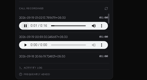 Call recordings list showing three timestamped entries with durations, two of them expanded into inline audio players, above Activity log and Frequently asked sections