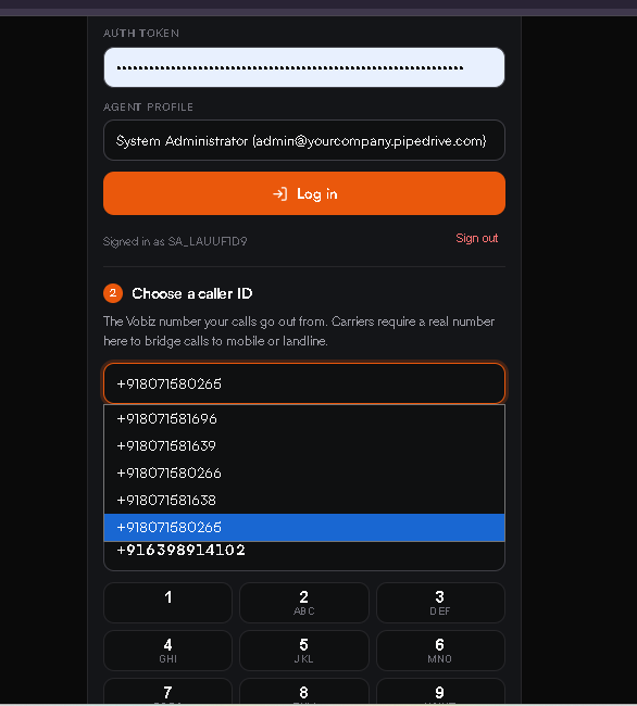 The Choose a caller ID field expanded into a dropdown of six Vobiz numbers with one highlighted, above the dialpad