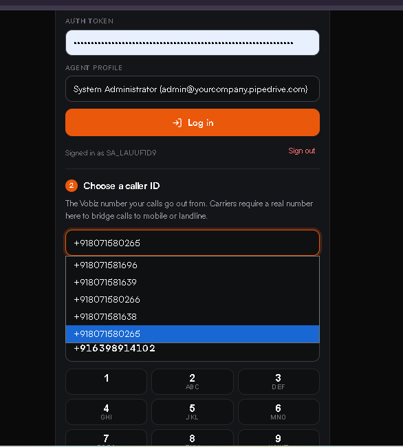 The Choose a caller ID field expanded into a dropdown of six Vobiz numbers with one highlighted, above the dialpad