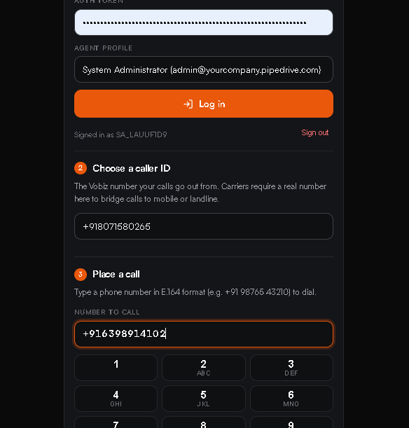 The Place a call step with a destination number typed into the Number to call field and a numeric dialpad below it
