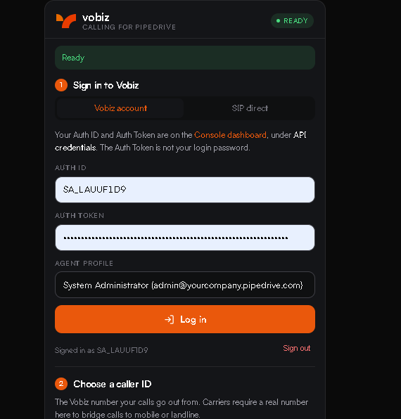 The panel showing a green READY badge, a Ready banner, the filled Auth ID and Auth Token fields, an Agent profile selector, and a Signed in as SA_LAUUF1D9 line