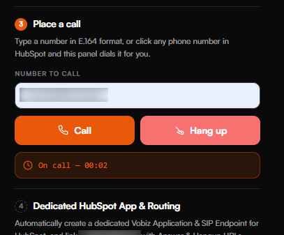 Widget during a live call showing the Call and Hang up buttons side by side and a status line reading On call with an elapsed timer