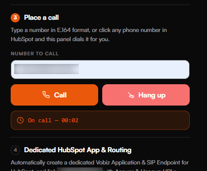 Widget during a live call showing the Call and Hang up buttons side by side and a status line reading On call with an elapsed timer