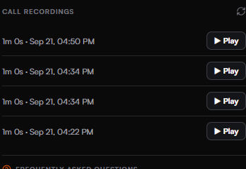 Call recordings list showing recording entries with timestamps and Play buttons