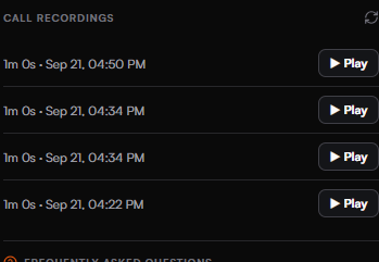 Call recordings list showing recording entries with timestamps and Play buttons