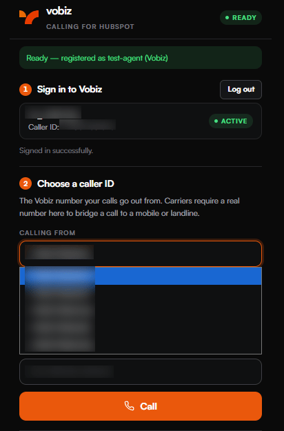 The Calling from field expanded into a dropdown listing Vobiz numbers available as outbound caller IDs
