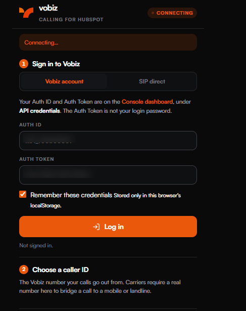 Vobiz Calling for HubSpot widget showing an orange CONNECTING badge, a Connecting banner, and step 1 Sign in to Vobiz with Vobiz account and SIP direct tabs plus Auth ID and Auth Token fields