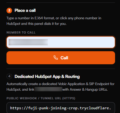 The Number to call field populated with an E.164 phone number, ready to place a call