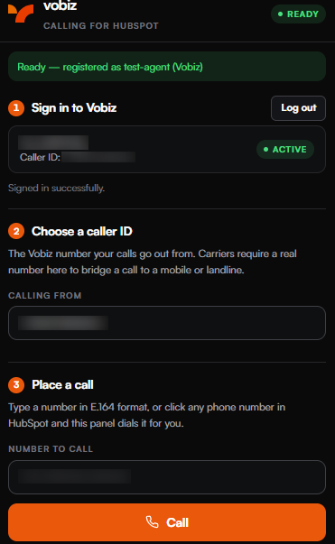 Widget showing a green READY badge, Ready registered as test-agent, the signed-in account marked ACTIVE with its caller ID, and the Choose a caller ID and Place a call steps beneath
