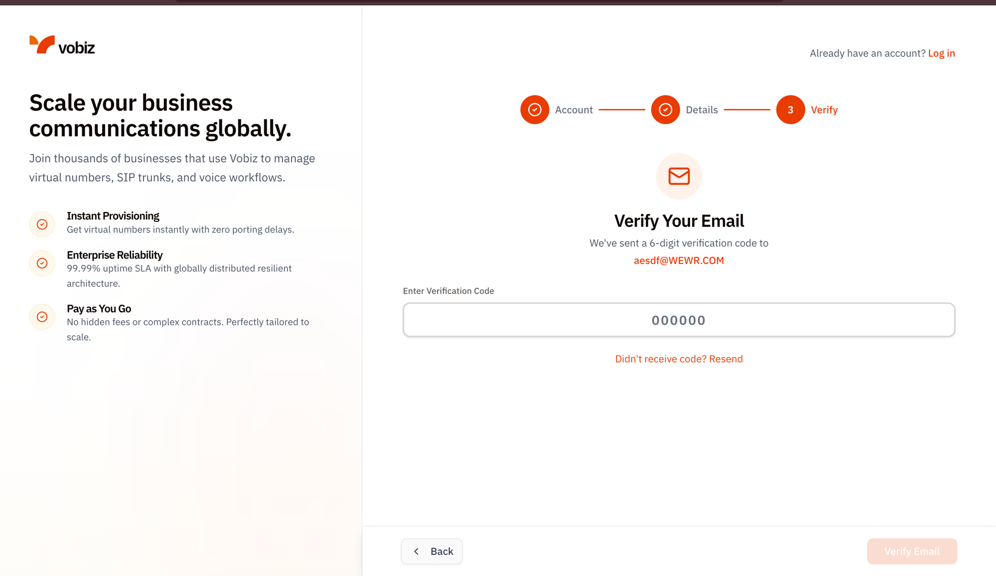 Vobiz signup step 3 Verify Your Email screen with envelope icon, message We've sent a 6-digit verification code to the email address from step 1, a six-digit code input field showing 000000 placeholder, Didn't receive code Resend link, Back button, and disabled Verify Email button at the bottom