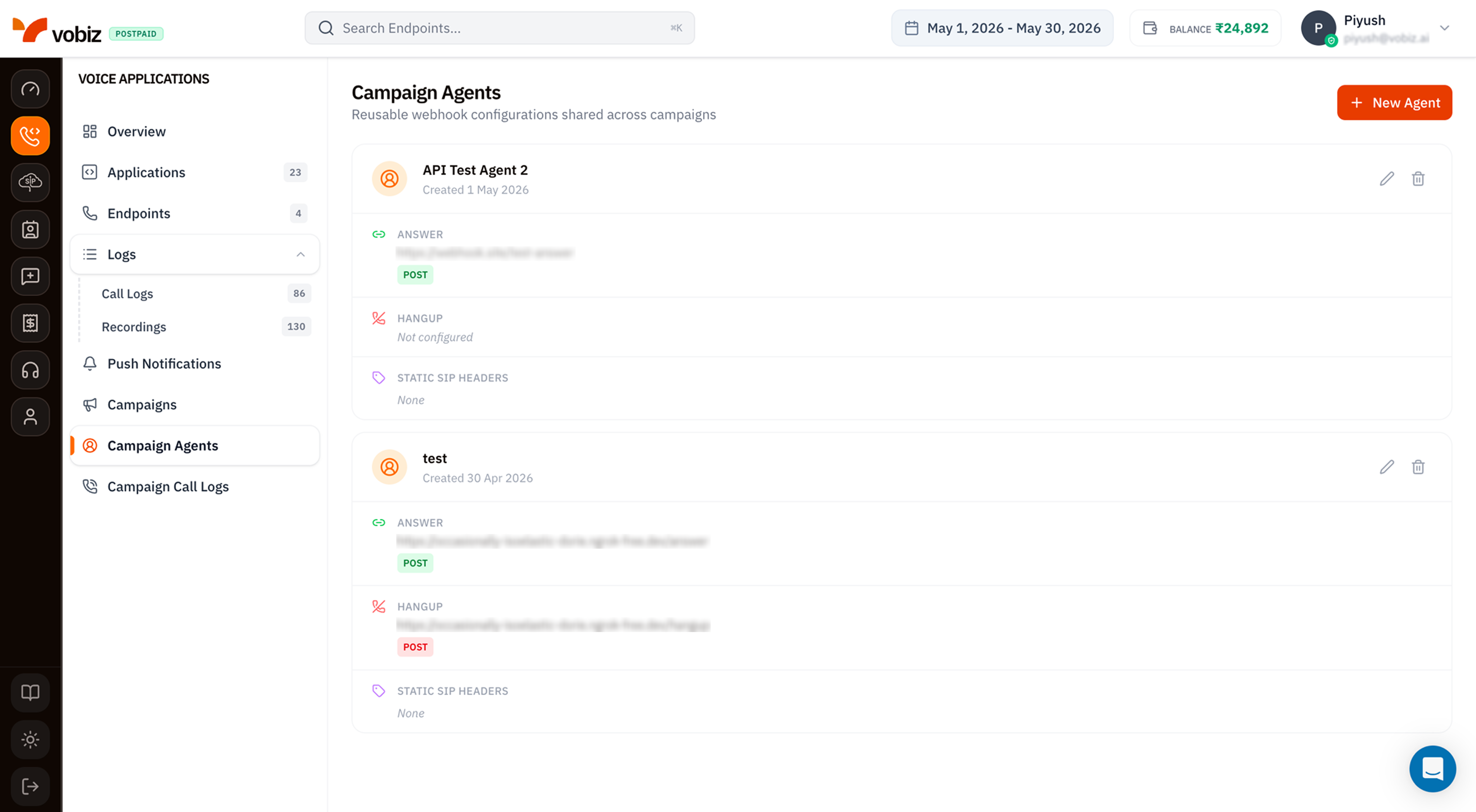 Campaign Agents page subtitled Reusable webhook configurations shared across campaigns, showing two agent cards (API Test Agent 2 and test) each listing the Answer URL with POST method badge, the Hangup URL or Not configured, and Static SIP Headers (None for both)