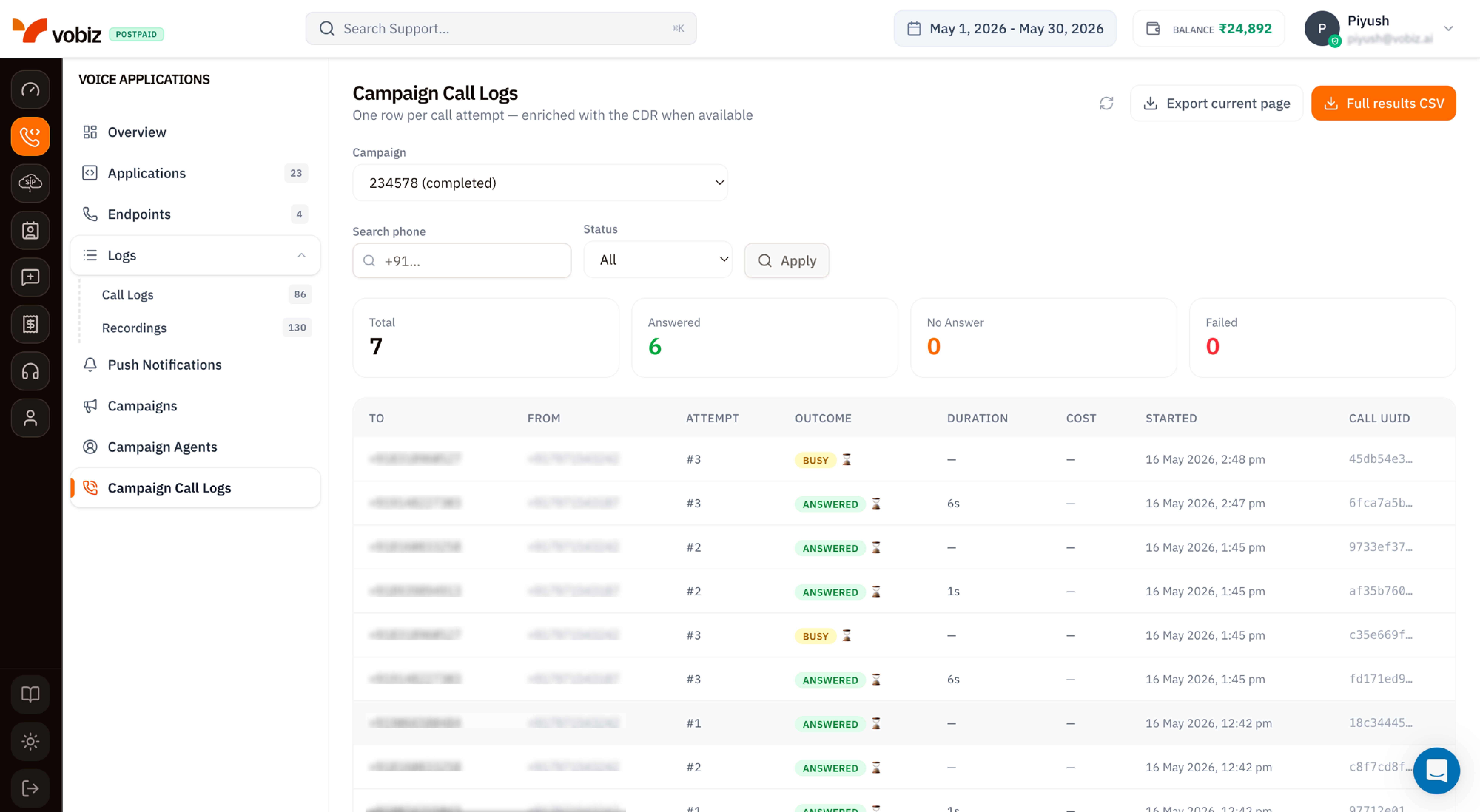 Campaign Call Logs page subtitled One row per call attempt - enriched with the CDR when available, showing Campaign dropdown (234578 completed), Search phone field, Status filter, Apply button, four KPI tiles (Total 7, Answered 6, No Answer 0, Failed 0), and a table with columns TO, FROM, ATTEMPT, OUTCOME (ANSWERED or BUSY badges), DURATION, COST, STARTED, CALL UUID; Export current page and Full results CSV buttons at the top right