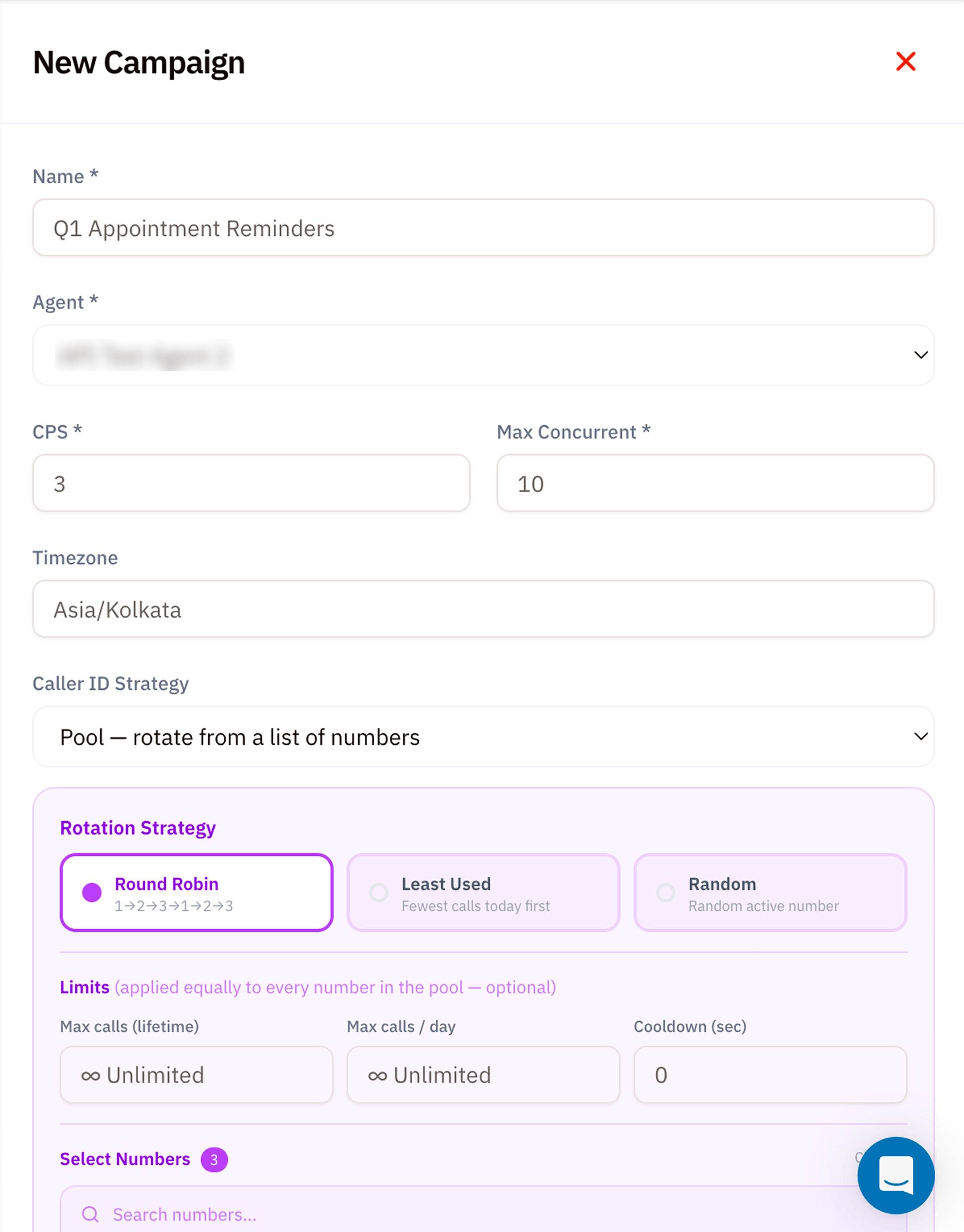 New Campaign side panel showing Name field (Q1 Appointment Reminders), Agent dropdown (API Test Agent 2), CPS and Max Concurrent number inputs (3 and 10), Timezone (Asia/Kolkata), Caller ID Strategy dropdown set to Pool - rotate from a list of numbers, Rotation Strategy segmented control with Round Robin selected (other options Least Used and Random), and a Limits section for Max calls (lifetime), Max calls per day, and Cooldown