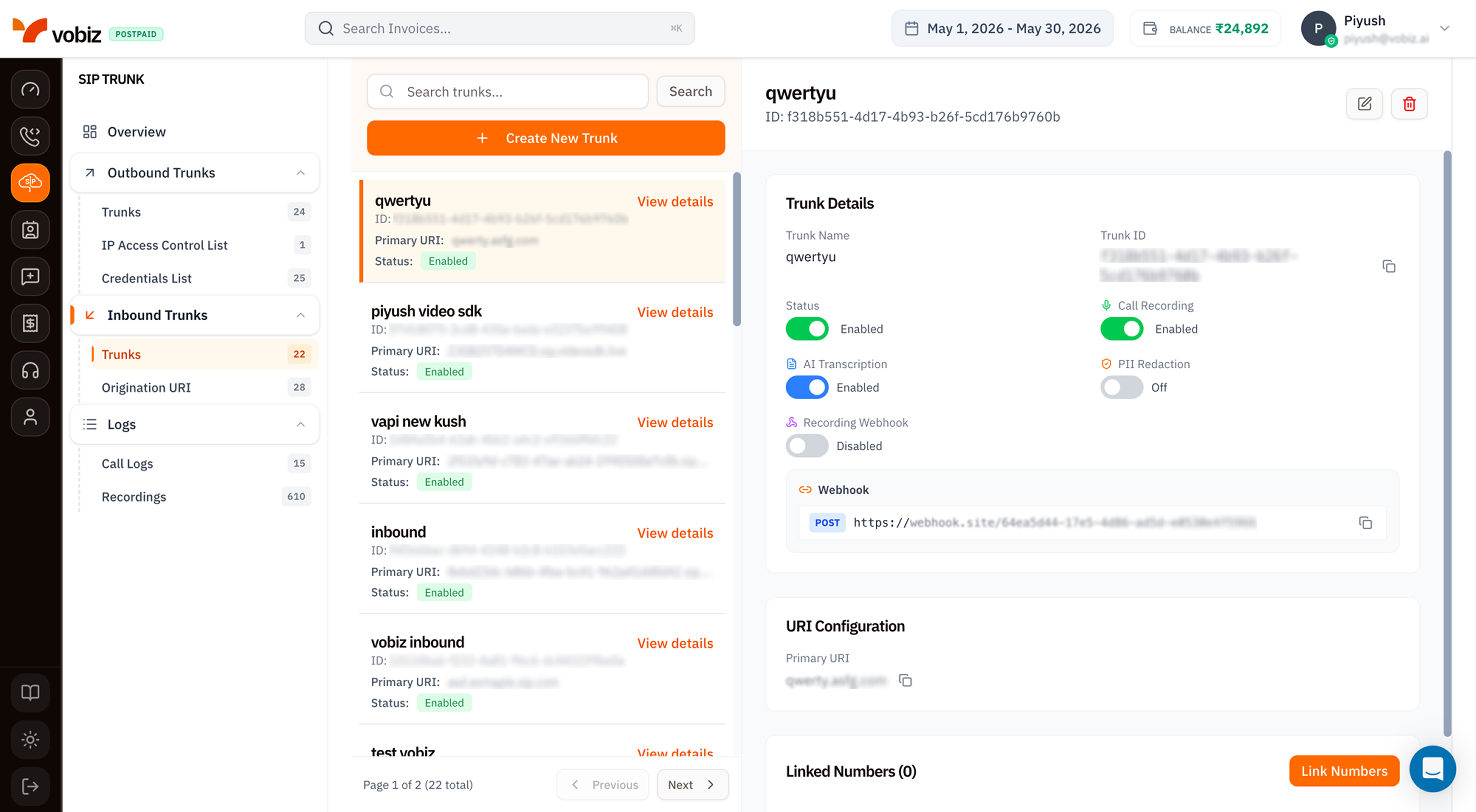 Inbound Trunks page with a searchable list of trunks (qwertyu, piyush video sdk, vapi new kush, inbound, vobiz inbound) showing ID, Primary URI, Status Enabled, and a Trunk Details panel on the right with Trunk Name (qwertyu), Trunk ID UUID, Status toggle on, Call Recording on, AI Transcription on, PII Redaction off, Recording Webhook off, a Webhook section with POST URL, and a URI Configuration section showing Primary URI (qwerty.asfg.com)