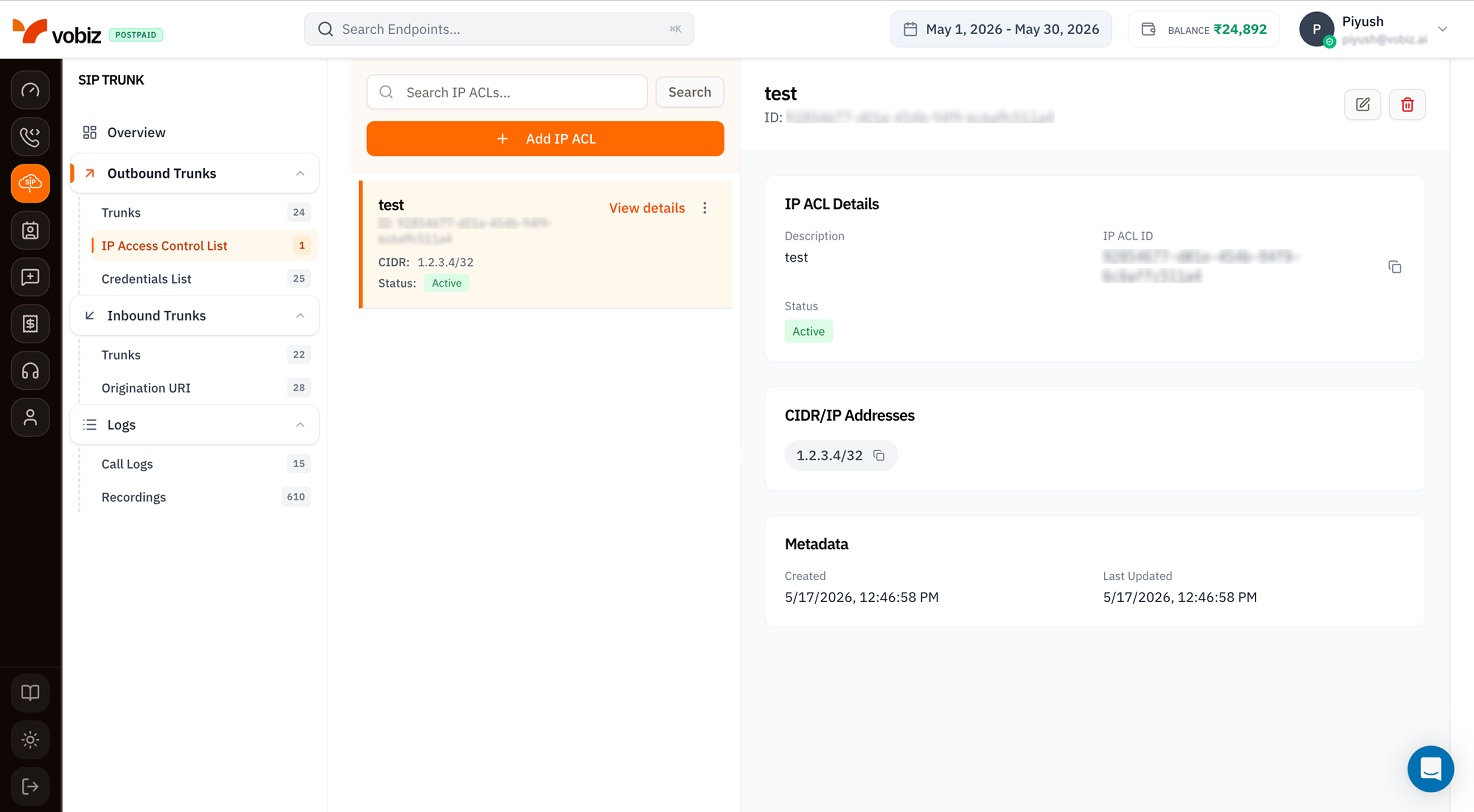 IP Access Control List page with a search field, Add IP ACL button, a list showing one ACL named test with ID and CIDR 1.2.3.4/32 and Status Active, and an IP ACL Details panel on the right with Description, IP ACL ID, Status badge, CIDR/IP Addresses chip (1.2.3.4/32), and Metadata showing Created and Last Updated timestamps