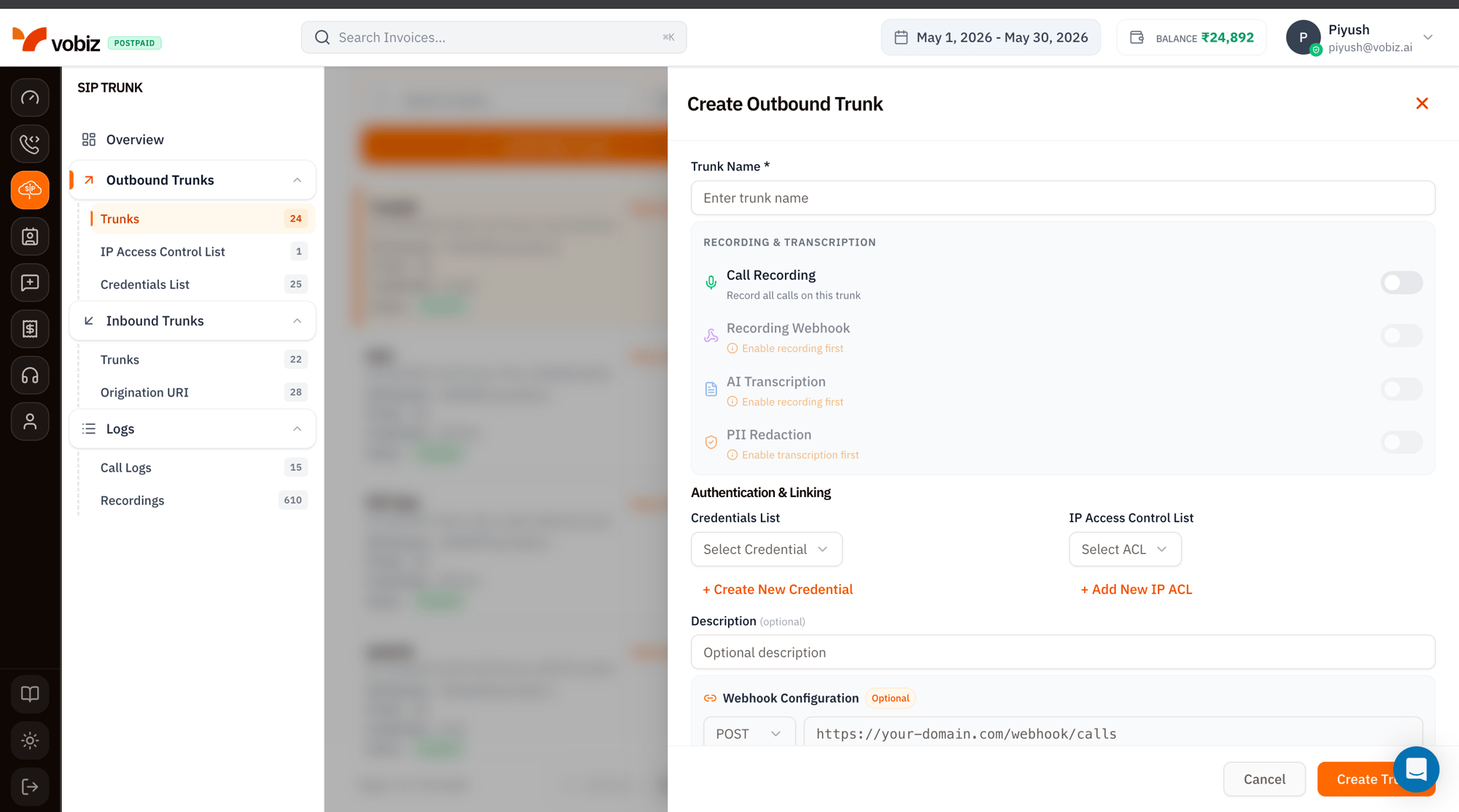 Create Outbound Trunk side panel with Trunk Name required field, Recording and Transcription section with toggles for Call Recording, Recording Webhook, AI Transcription, and PII Redaction (each with Enable recording first / Enable transcription first prerequisite hints), Authentication and Linking section with Credentials List dropdown and IP Access Control List dropdown plus Create New Credential and Add New IP ACL links, optional Description, and Webhook Configuration with POST method and URL placeholder