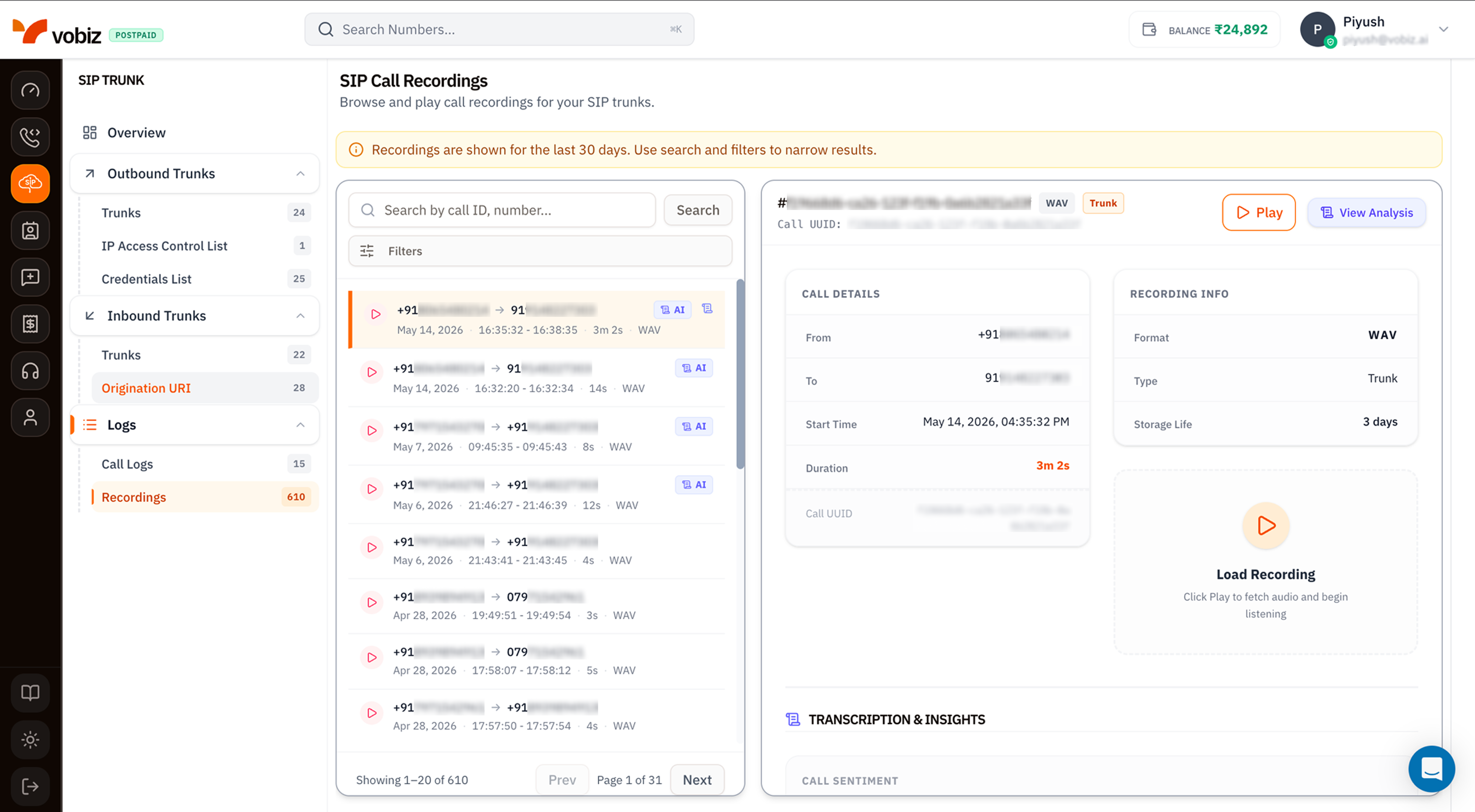 SIP Call Recordings page with a banner stating recordings are shown for the last 30 days, a paginated list of 610 recordings each with play button, From/To numbers, date timestamps, format (WAV) and AI badge, and a Recording Details panel on the right with Recording ID, WAV and Trunk badges, Play and View Analysis buttons, Call Details (From, To, Start Time, Duration 3m 2s, Call UUID), Recording Info (Format WAV, Type Trunk, Storage Life 3 days), Load Recording play card, and Transcription Insights section with Call Sentiment below