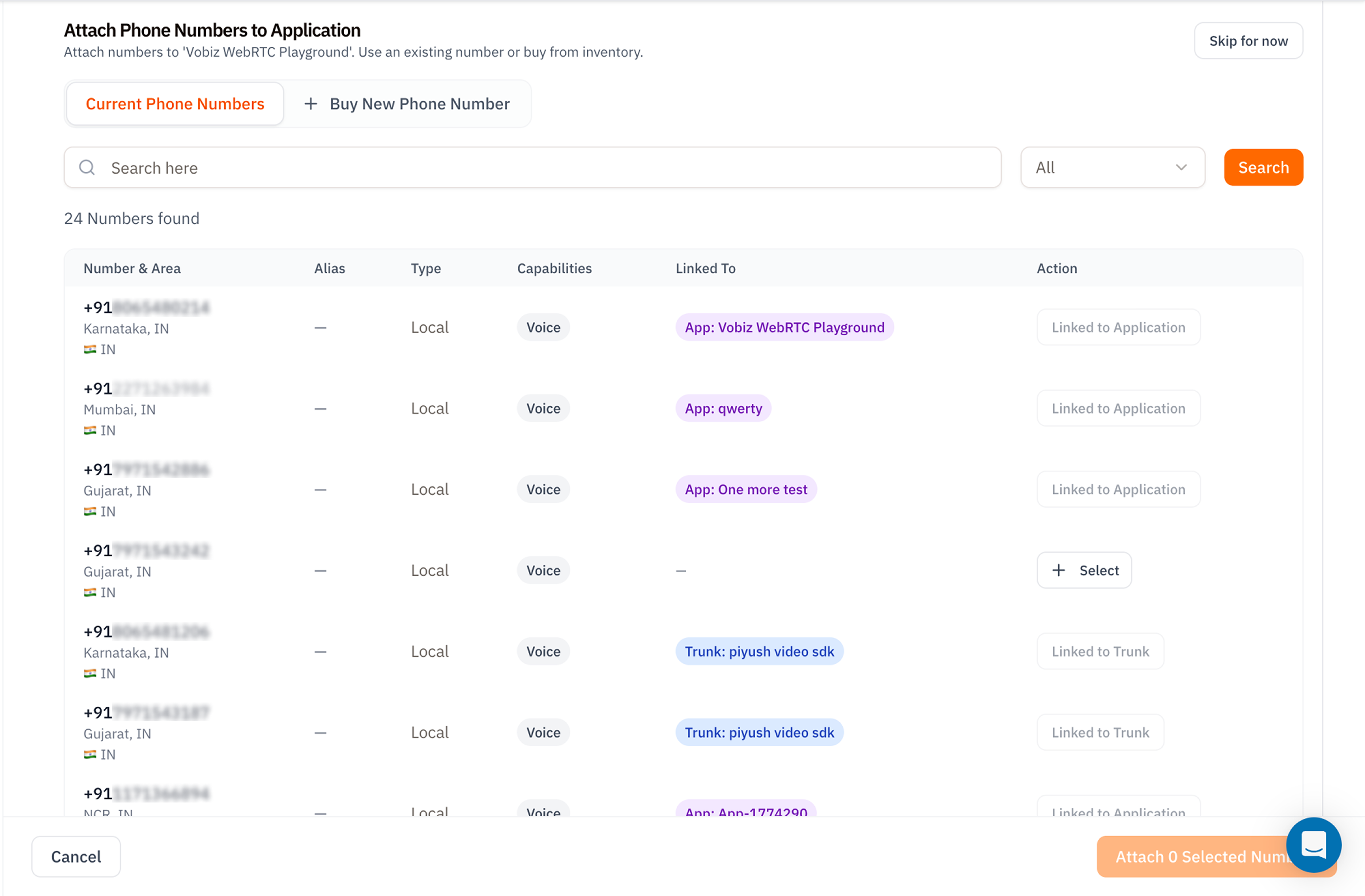Attach Phone Numbers to Application screen showing two tabs Current Phone Numbers and Buy New Phone Number, a search field, and a table of 24 numbers with columns Number and Area, Alias, Type, Capabilities, Linked To, and Action with Select or Linked to Application / Trunk badges