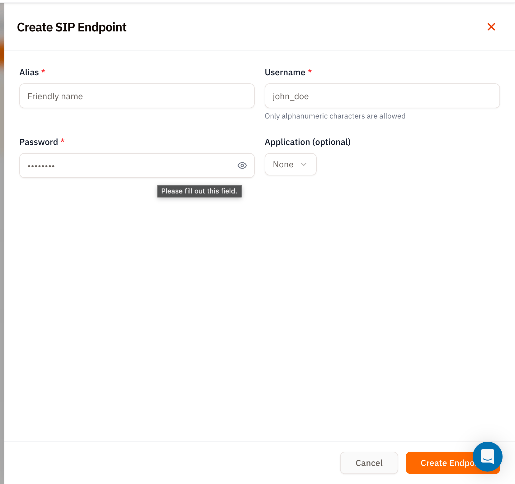 Create SIP Endpoint modal showing required Alias and Username fields, Password field with show/hide eye icon, optional Application dropdown set to None, and a tooltip saying Please fill out this field