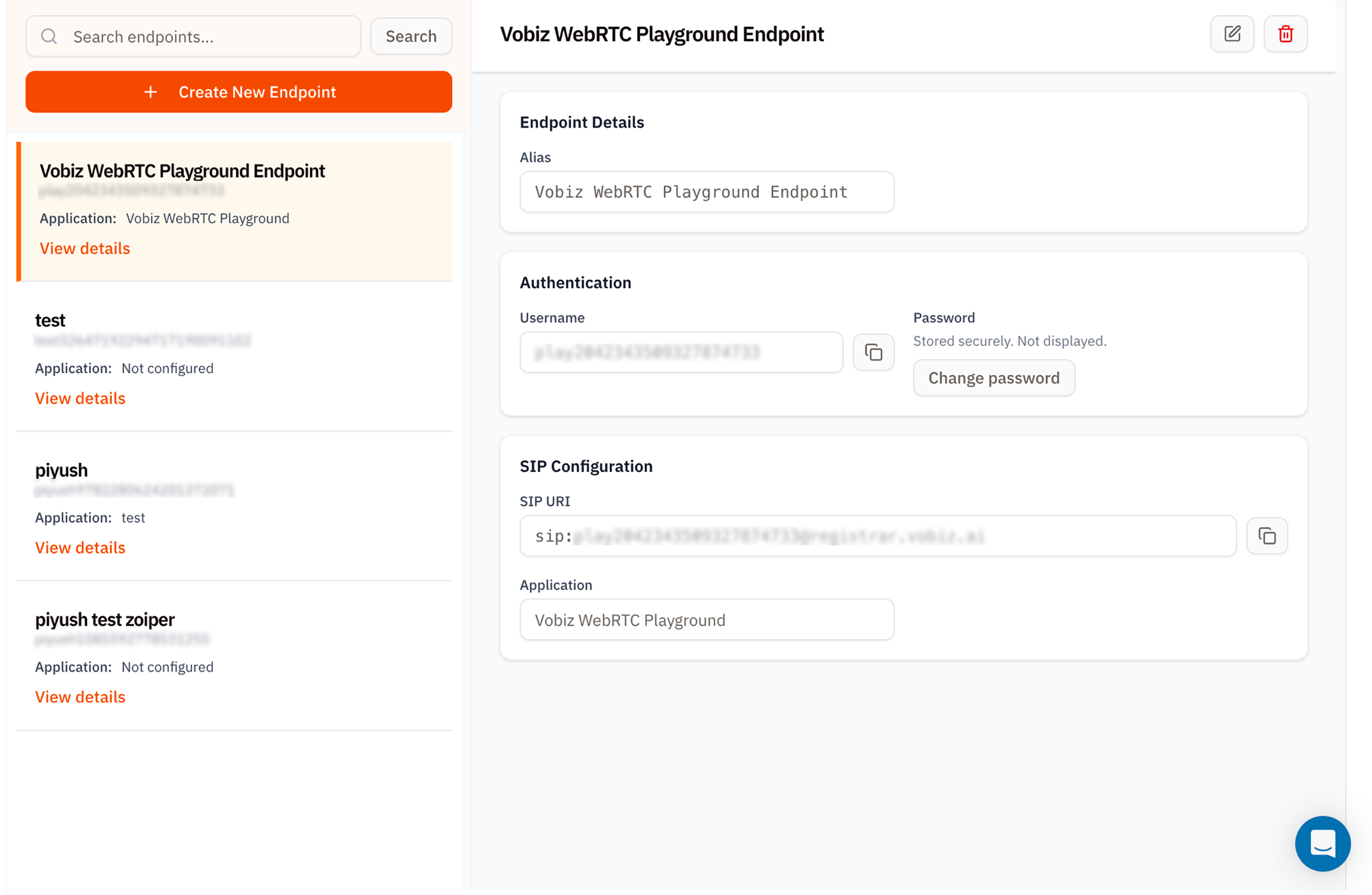SIP Endpoints page with a left column showing a search bar, Create New Endpoint button, and a list of endpoints (Vobiz WebRTC Playground Endpoint, test, piyush, piyush test zoiper) and a right panel showing endpoint details with Alias, Authentication username and password, and SIP Configuration with sip URI and assigned application