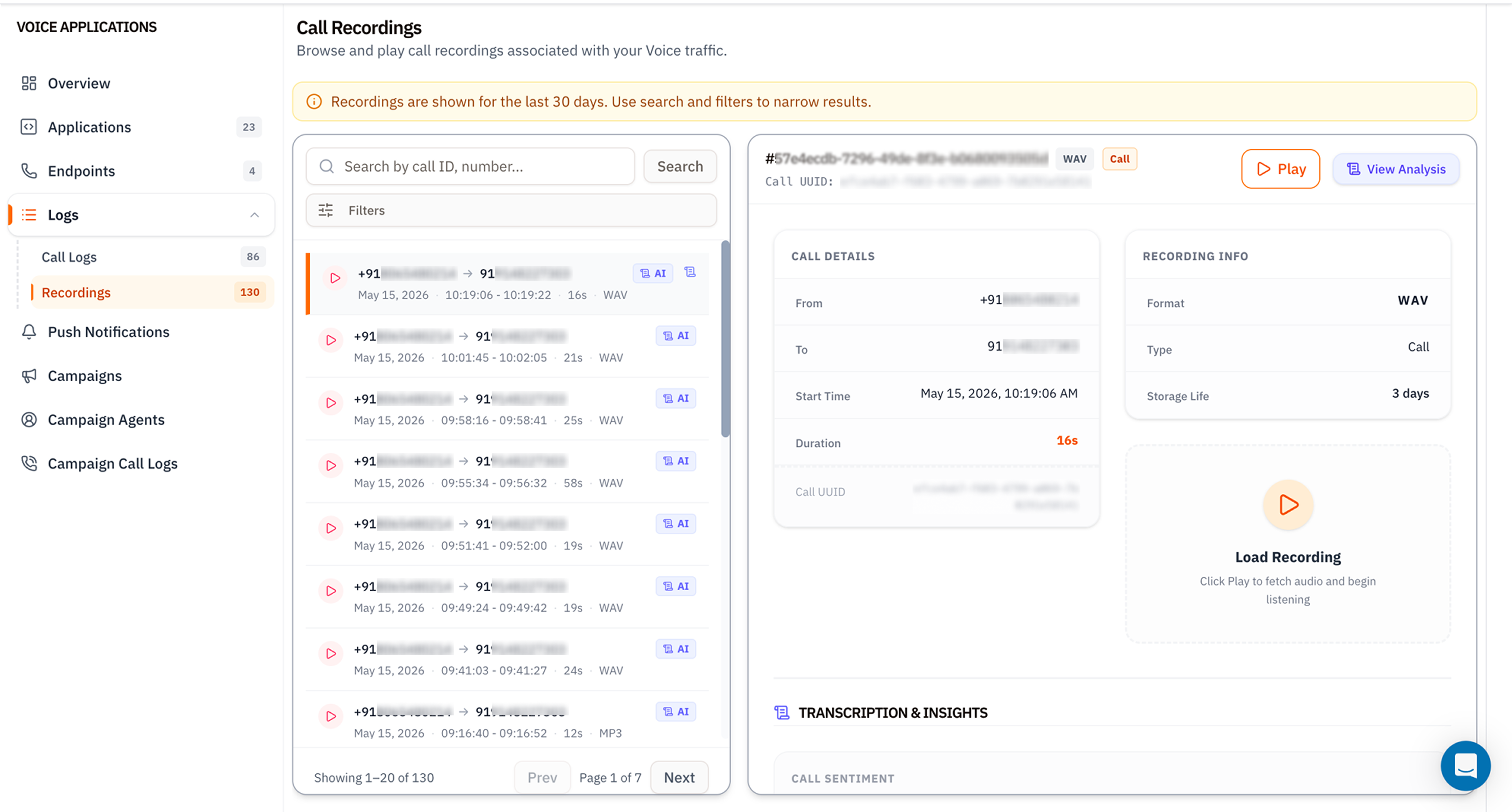 Call Recordings page with a notification banner stating recordings are shown for the last 30 days, a paginated list of recorded calls on the left with play buttons AI badges and format labels (WAV, MP3), and a Recording Info panel on the right with Format, Type, Storage Life of 3 days, Call Details (From, To, Start Time, Duration, Call UUID), and a Load Recording play card with Transcription Insights and Call Sentiment sections below