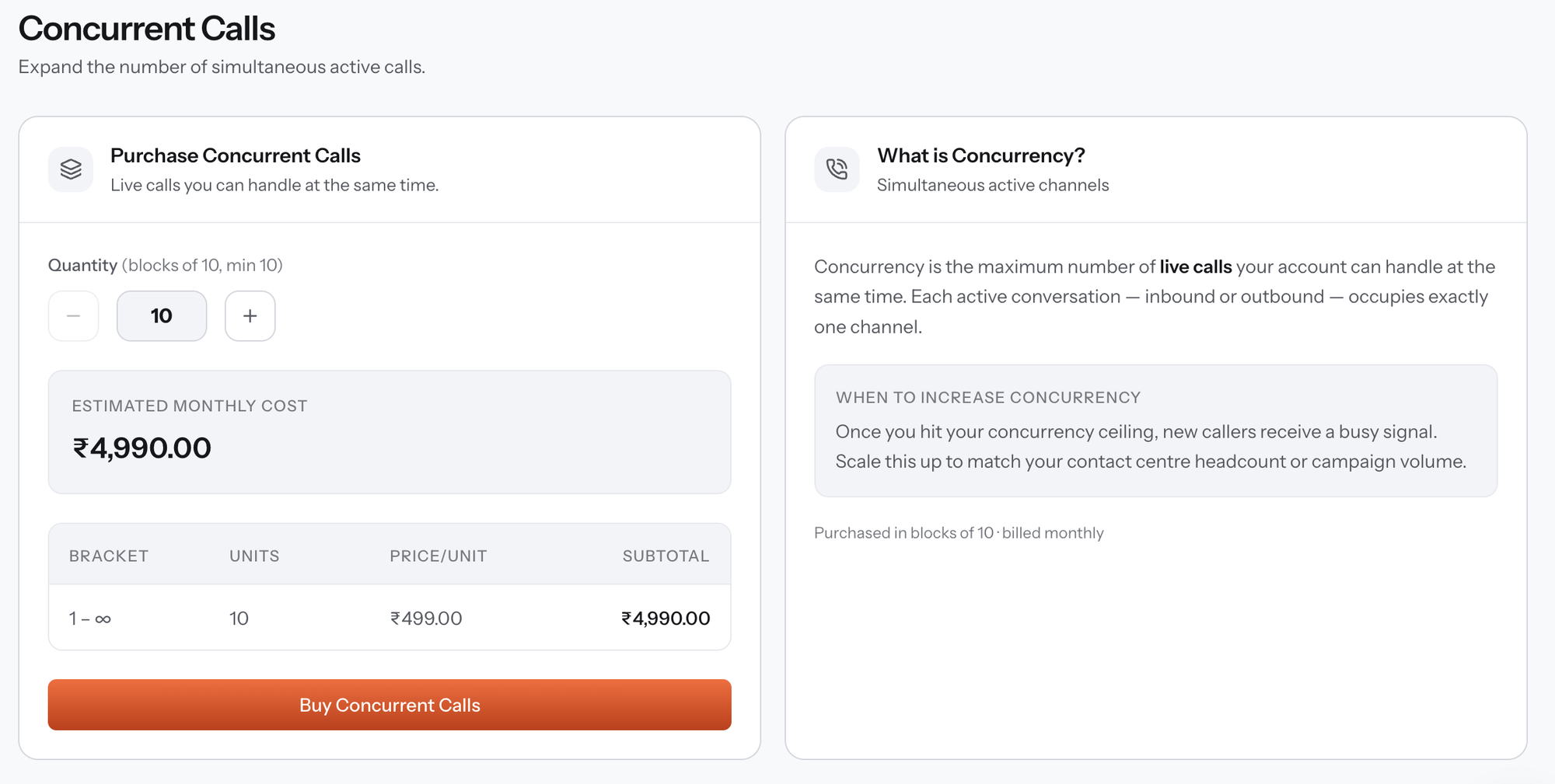 Concurrent Calls page with a Purchase Concurrent Calls card showing a quantity stepper in blocks of ten, an estimated monthly cost, a pricing bracket table with units, price per unit and subtotal, and a Buy Concurrent Calls button, beside a What is Concurrency explainer card describing simultaneous active channels and when to increase them