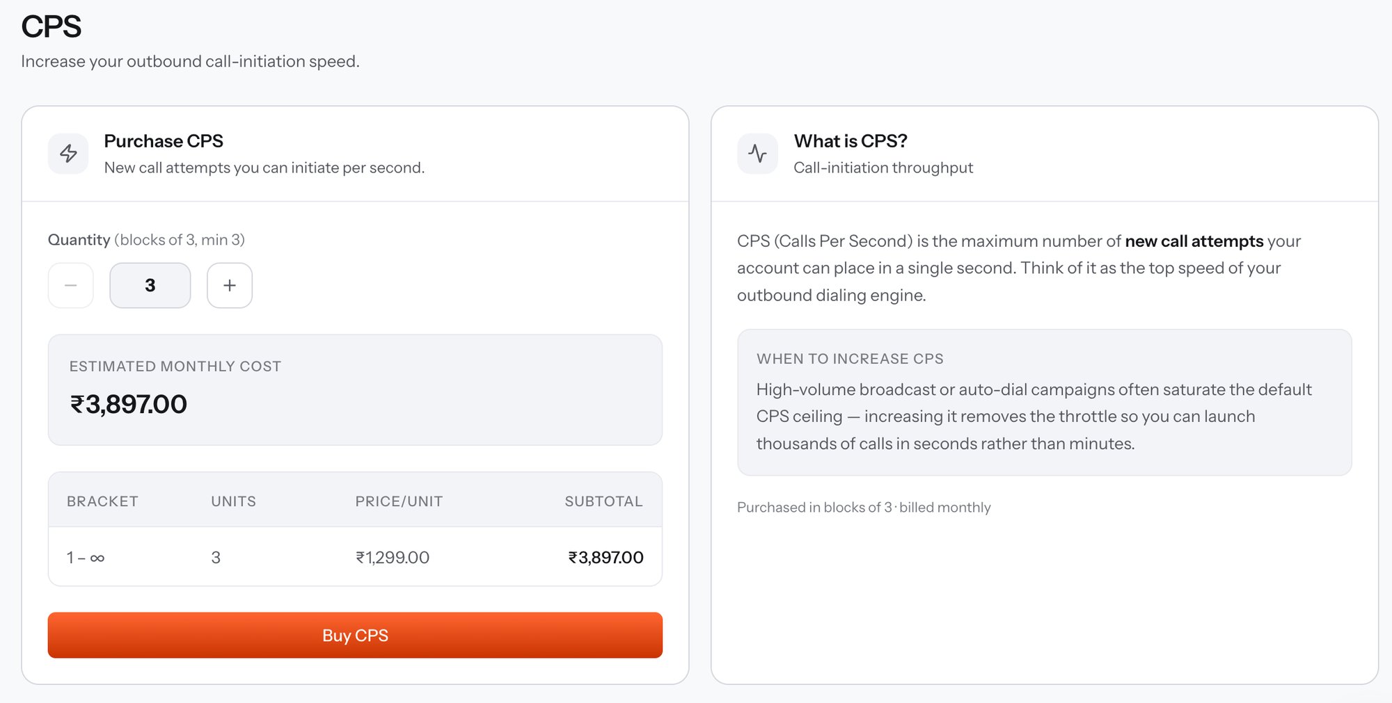 CPS page with a Purchase CPS card showing a quantity stepper in blocks of three, an estimated monthly cost, a pricing bracket table with units, price per unit and subtotal, and a Buy CPS button, beside a What is CPS explainer card describing call-initiation throughput and when to increase it
