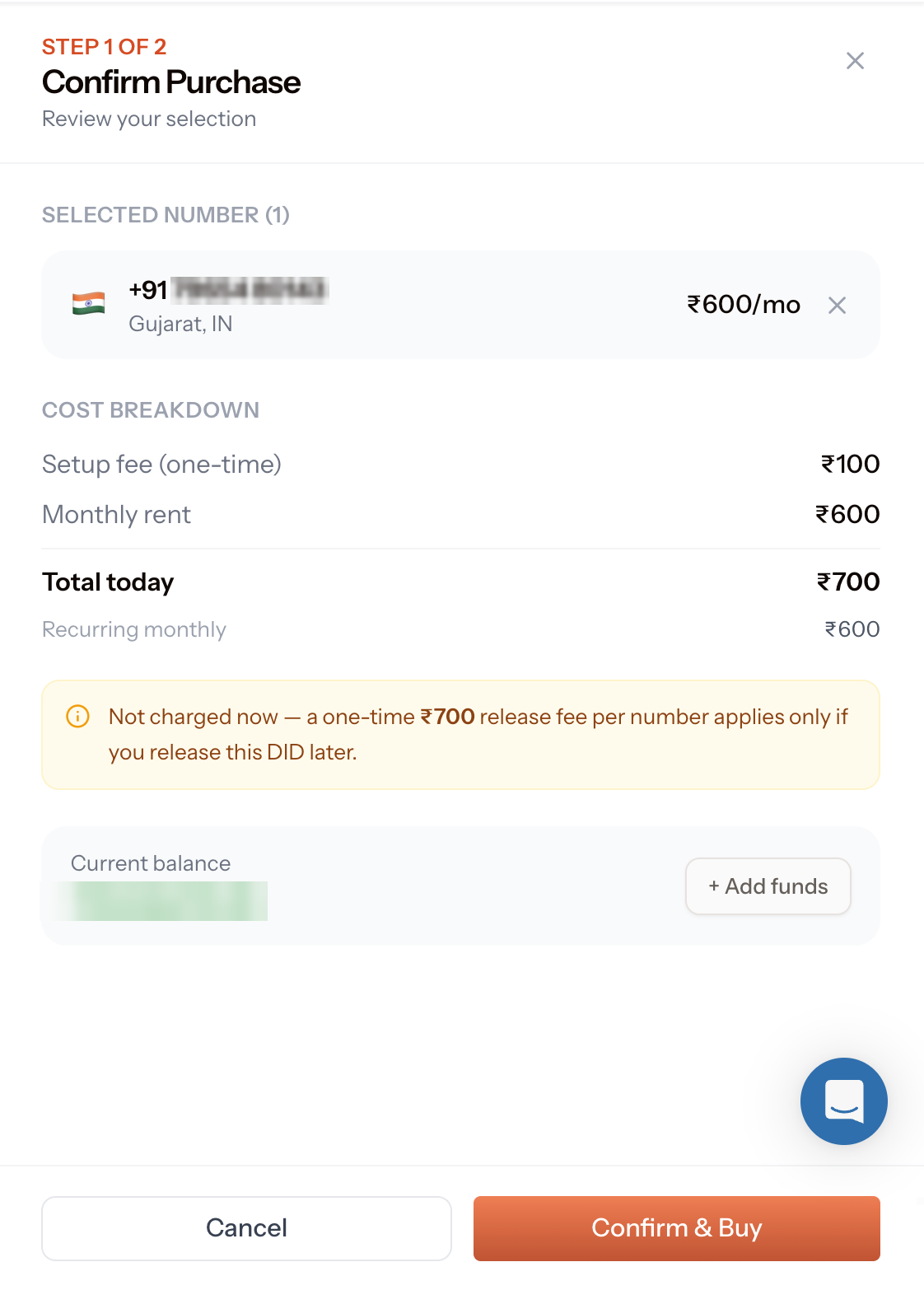 Confirm Purchase dialog, step 1 of 2, showing the selected number with its region and monthly price, a cost breakdown of Setup fee one-time, Monthly rent, Total today and Recurring monthly, a notice that the release fee is not charged now, the current wallet balance with an Add funds button, and Cancel and Confirm and Buy buttons