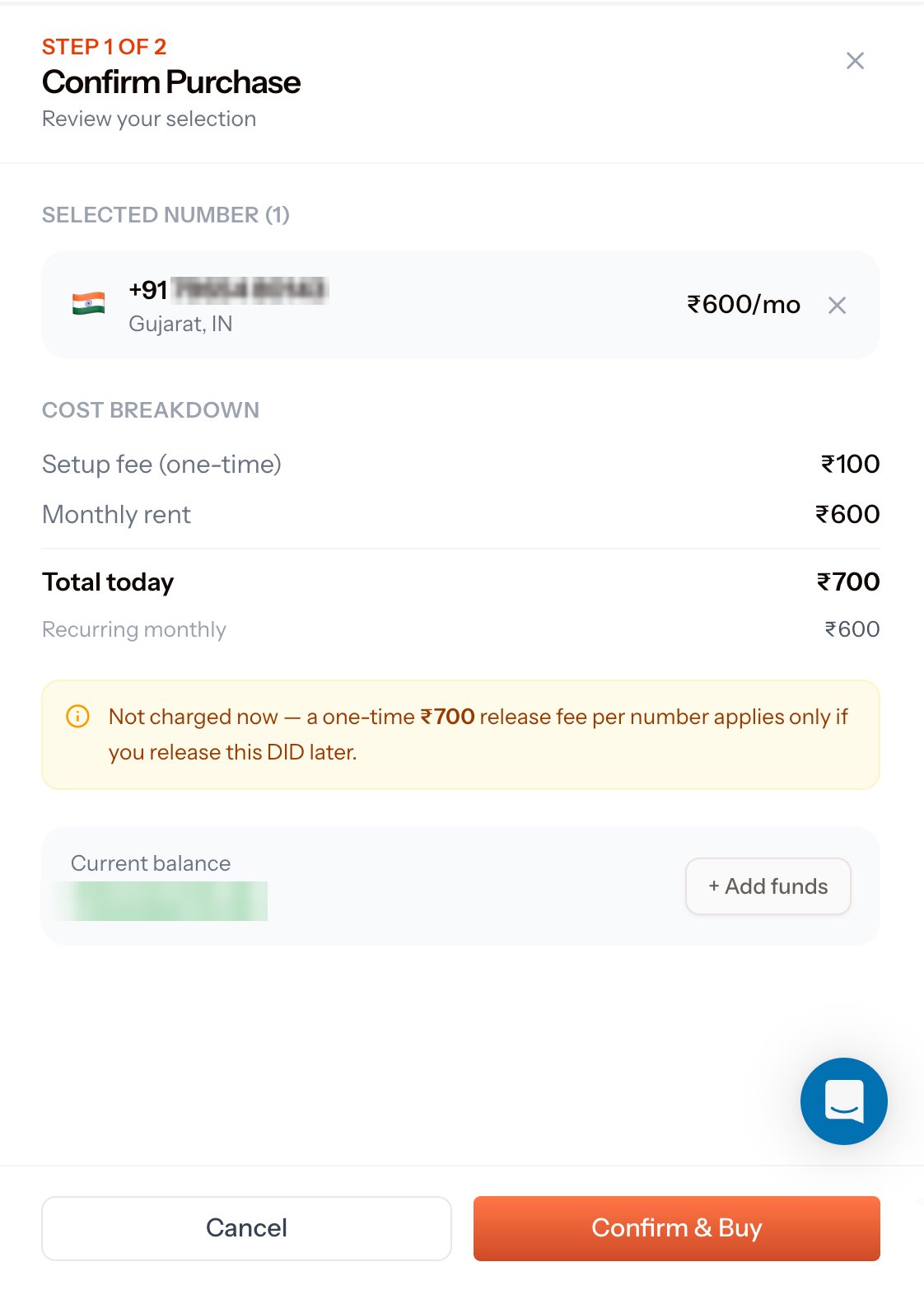 Confirm Purchase dialog, step 1 of 2, showing the selected number with its region and monthly price, a cost breakdown of Setup fee one-time, Monthly rent, Total today and Recurring monthly, a notice that the release fee is not charged now, the current wallet balance with an Add funds button, and Cancel and Confirm and Buy buttons