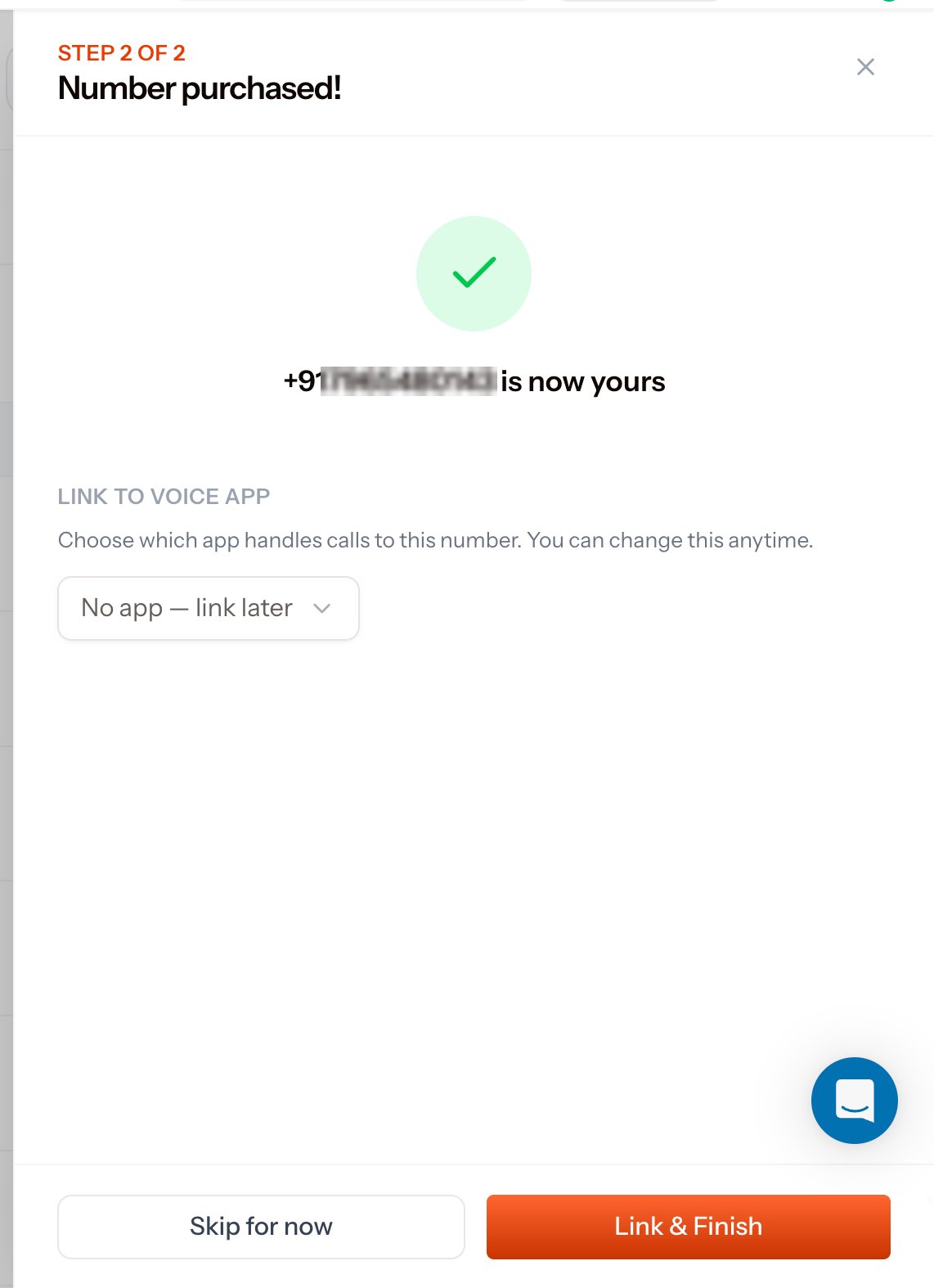 Step 2 of 2 Number purchased dialog with a green tick, the message that the new number is now yours, a Link to Voice App section with a dropdown defaulting to No app link later, and Skip for now and Link and Finish buttons