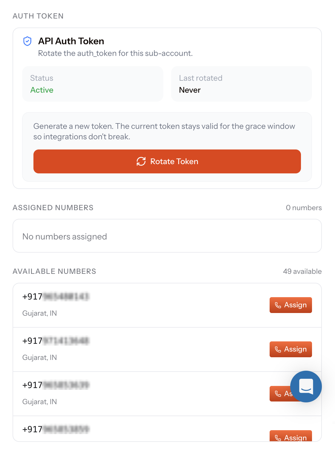 Sub-account panel showing the API Auth Token card with Status Active, Last rotated Never, a note that the current token stays valid for a grace window, and a Rotate Token button, followed by an Assigned Numbers section reading no numbers assigned and an Available Numbers list with Assign buttons