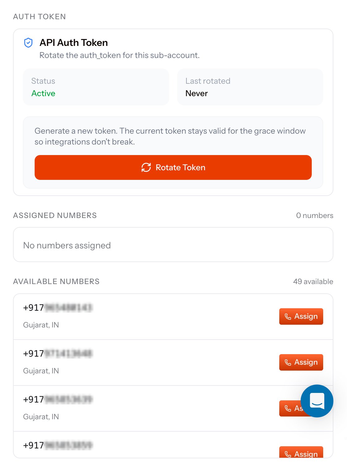 Sub-account panel showing the API Auth Token card with Status Active, Last rotated Never, a note that the current token stays valid for a grace window, and a Rotate Token button, followed by an Assigned Numbers section reading no numbers assigned and an Available Numbers list with Assign buttons