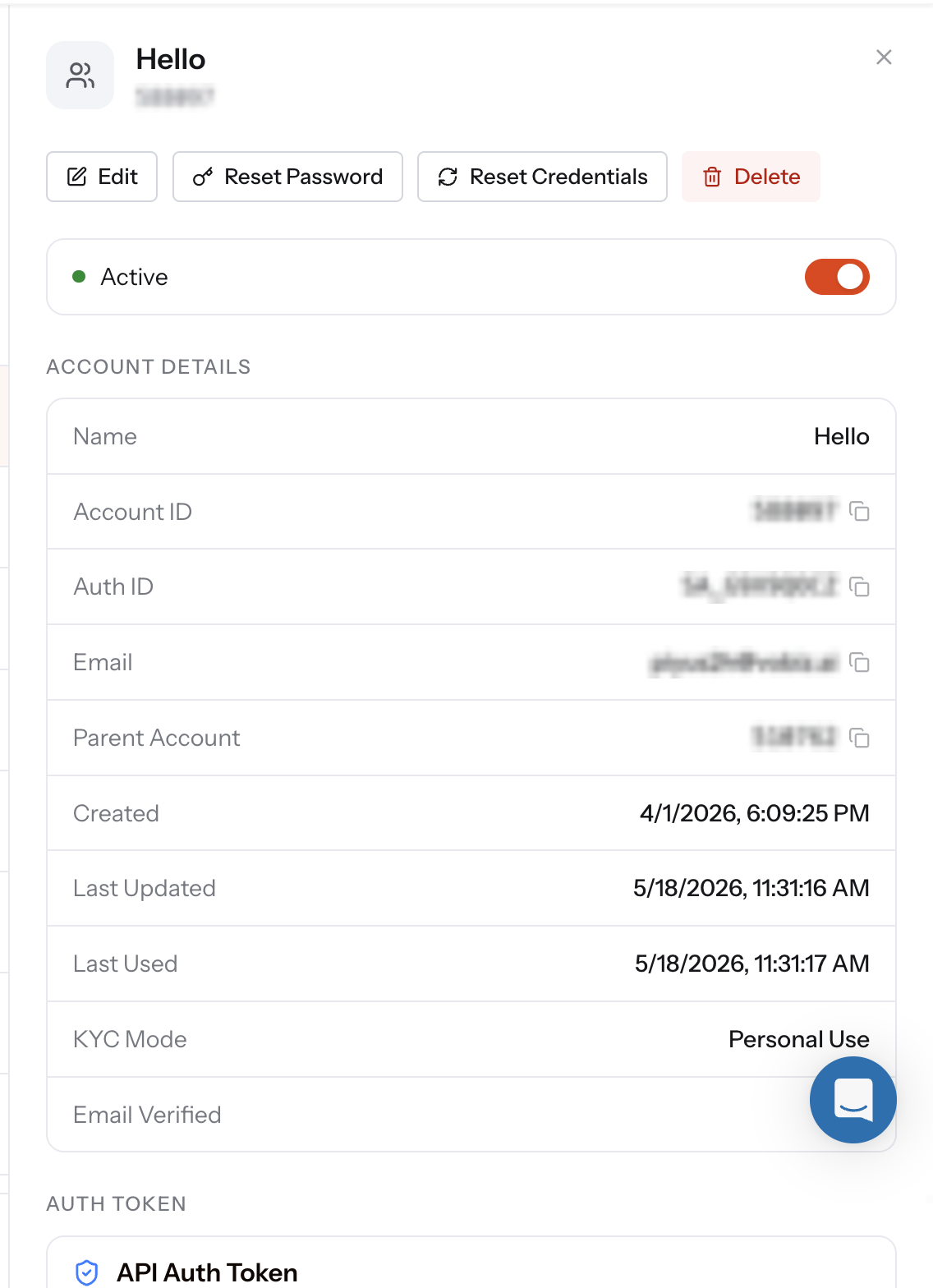 Sub-account detail panel with Edit, Reset Password, Reset Credentials and Delete buttons, an Active toggle, and an Account Details table listing Name, Account ID, Auth ID, Email, Parent Account, Created, Last Updated, Last Used, KYC Mode and Email Verified