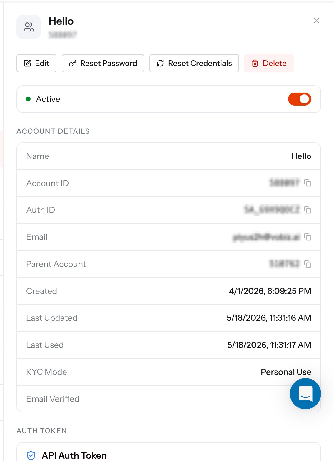 Sub-account detail panel with Edit, Reset Password, Reset Credentials and Delete buttons, an Active toggle, and an Account Details table listing Name, Account ID, Auth ID, Email, Parent Account, Created, Last Updated, Last Used, KYC Mode and Email Verified
