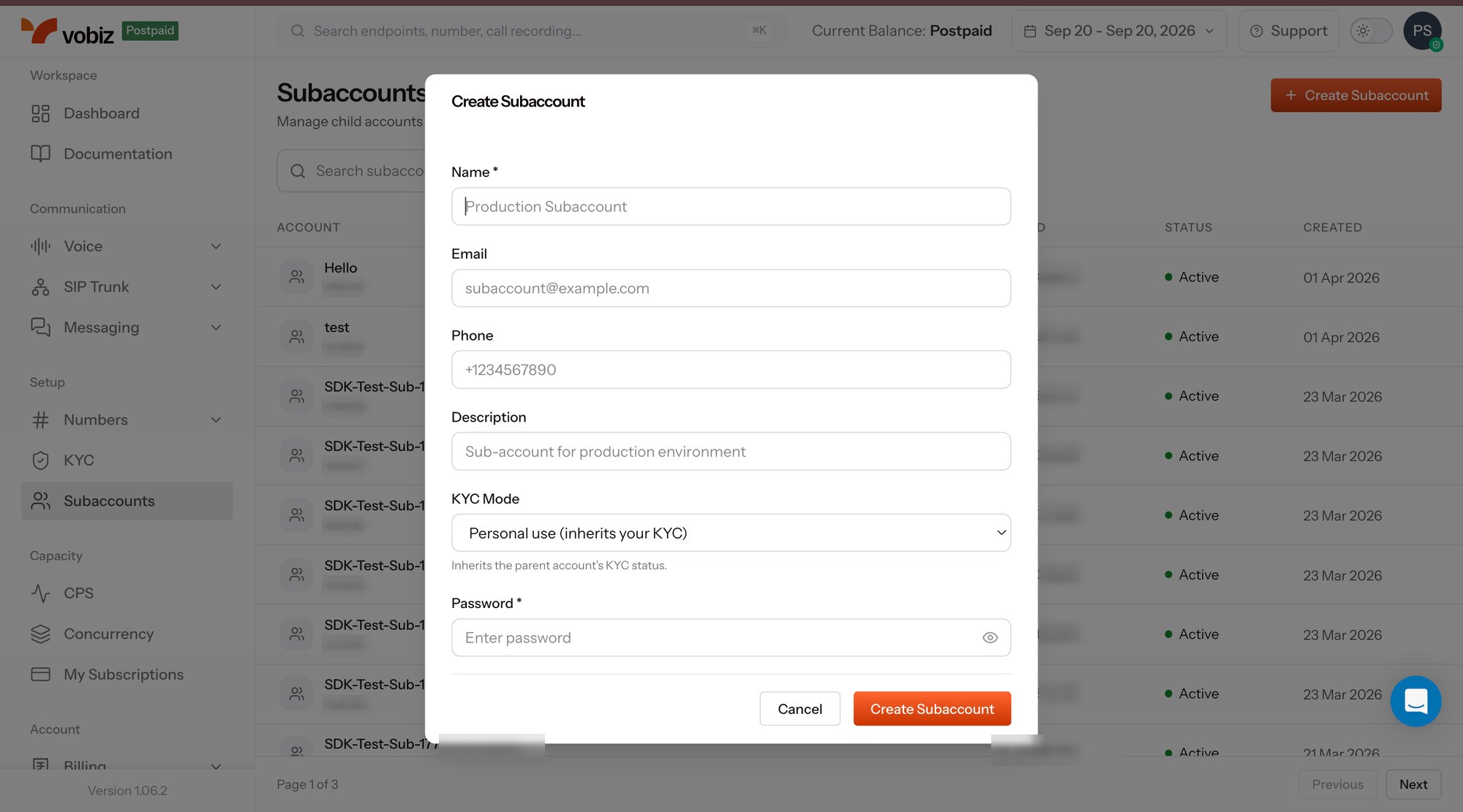 Subaccounts page listing child accounts with their account IDs, Auth IDs, status and created date, with the Create Subaccount dialog open over it showing Name, Email, Phone, Description, KYC Mode and Password fields and a Create Subaccount button