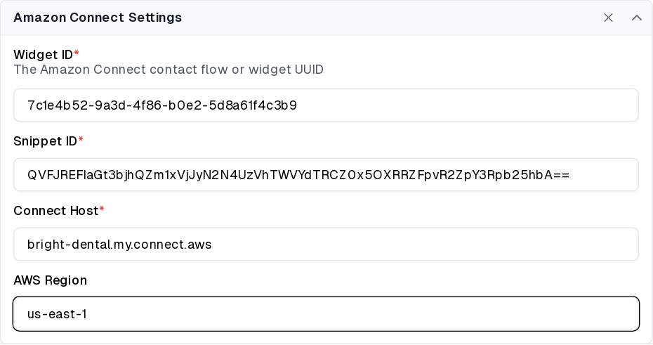 Widget ID, Snippet ID, Connect Host and AWS Region fields under Amazon Connect Settings