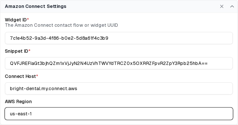 Widget ID, Snippet ID, Connect Host and AWS Region fields under Amazon Connect Settings
