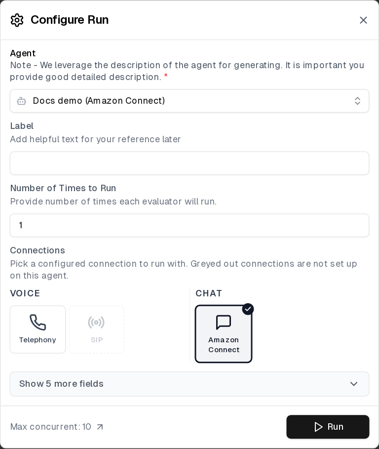 Configure Run dialog with the Amazon Connect chat connection selected