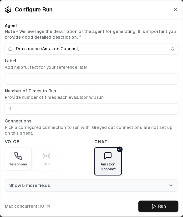 Configure Run dialog with the Amazon Connect chat connection selected