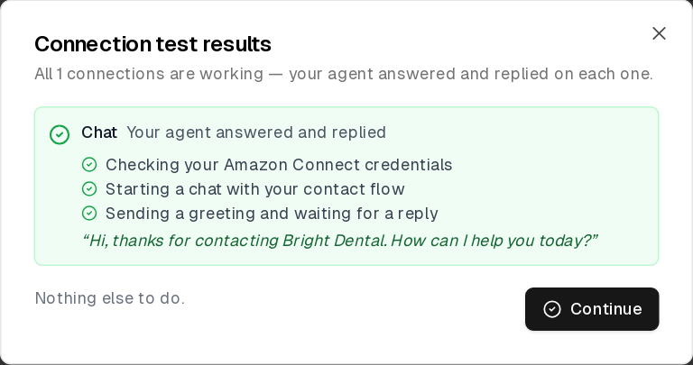 Connection test results showing the Amazon Connect chat test passed with the flow's first reply