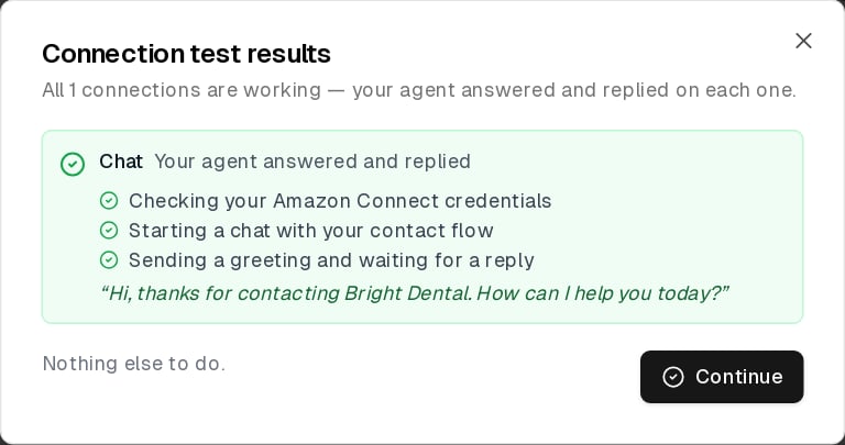 Connection test results showing the Amazon Connect chat test passed with the flow's first reply