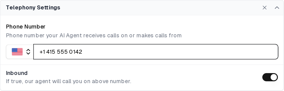 Telephony Settings with the flow's phone number and Inbound enabled