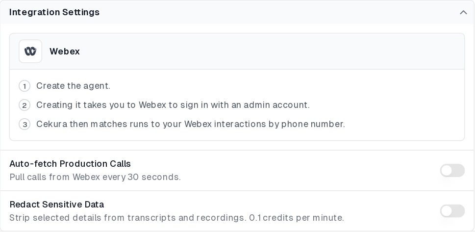 Integration Settings for Webex before the agent is created, listing the sign-in steps