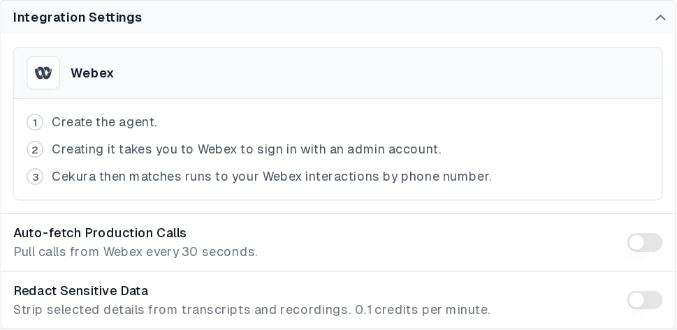 Integration Settings for Webex before the agent is created, listing the sign-in steps