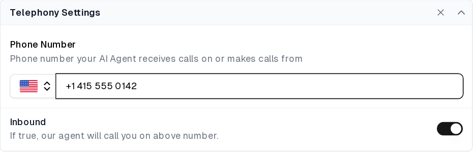Telephony Settings with the Webex agent's phone number and Inbound enabled